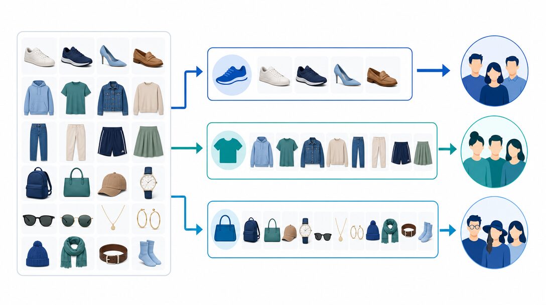Ilustrácia zobrazujúca správne nastavenie Performance Max kampane pre e-shop s rozdelením produktov do asset groups podľa kategórií
