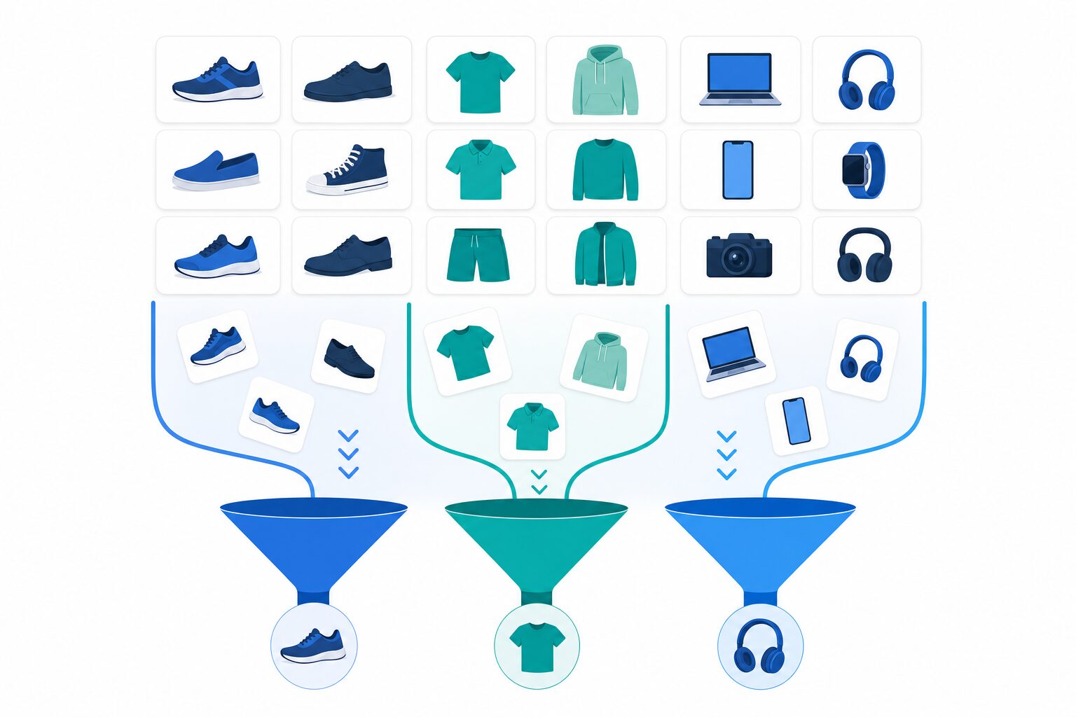 Ilustrácia zobrazujúca rozdelenie produktov do listing groups v Performance Max kampani podľa kategórií