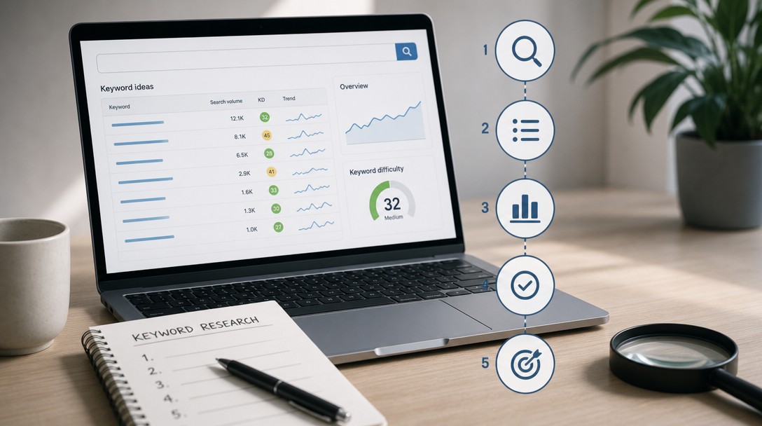 Ilustrácia znázorňujúca kroky keyword research pri SEO analýze kľúčových slov
