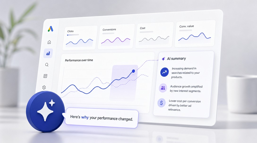 Google Ads AI dashboards – AI zhrnutie vysvetľujúce zmenu výkonu kampane