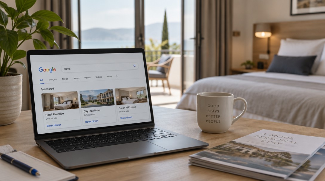 Google reklama pre ubytovanie – hosť rezervuje pobyt na notebooku