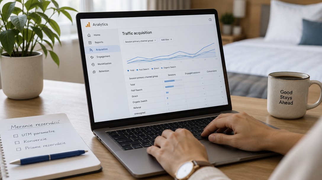 Meranie rezervácií z Google reklamy v hoteli na notebooku