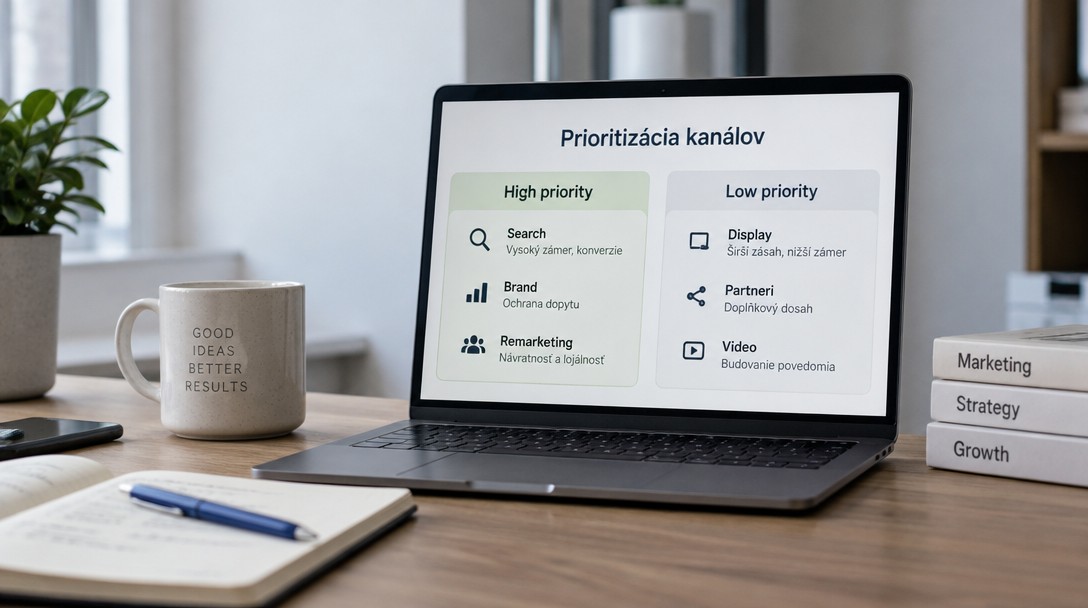 Google Ads rozpočet – prioritizácia kanálov na pracovnom stole