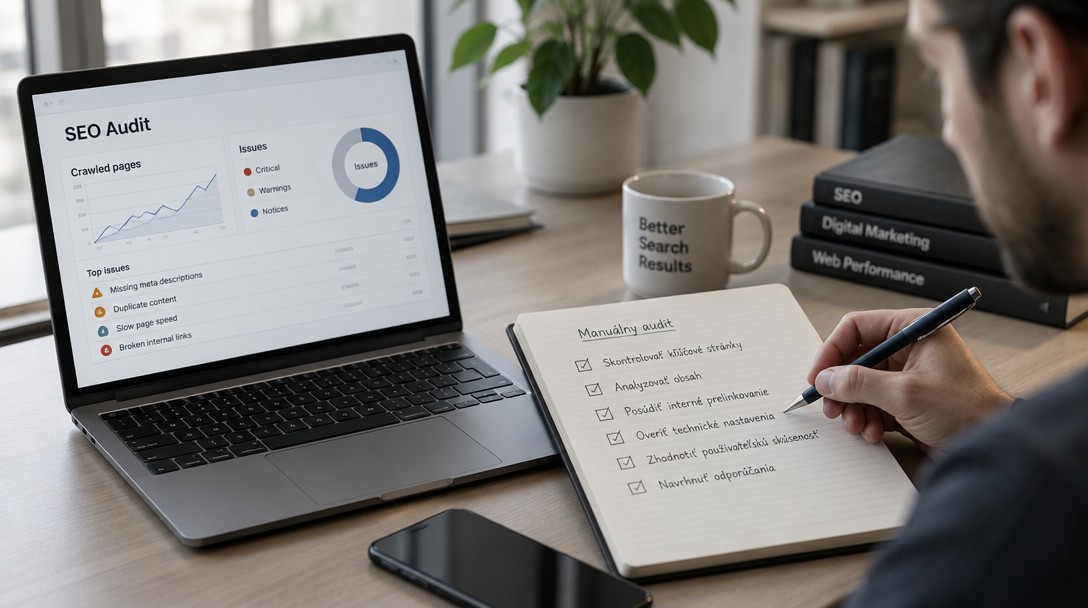 Špecialista kontroluje SEO audit a report z nástroja